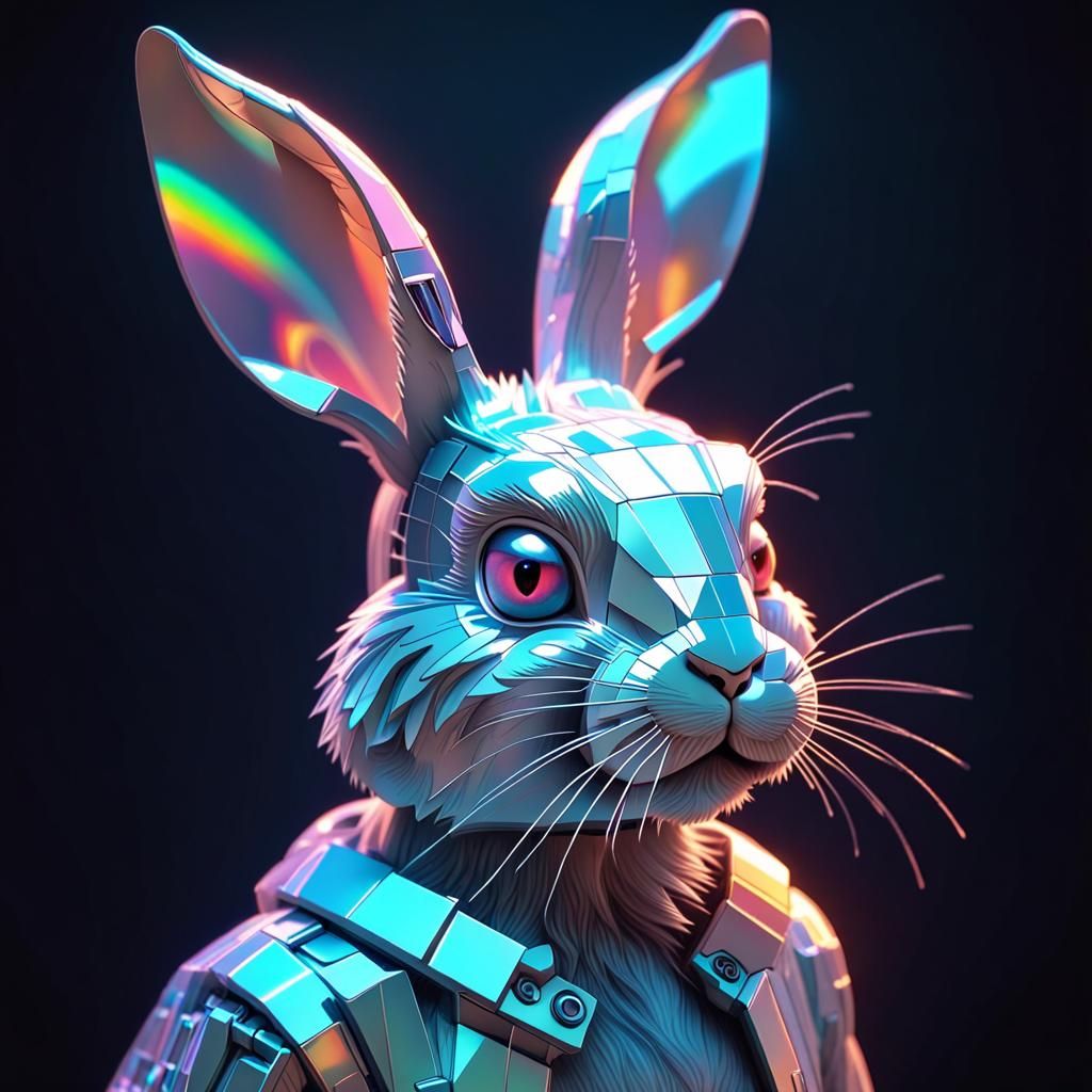 Holographic Rabbit Portrait in 3D Digital Art