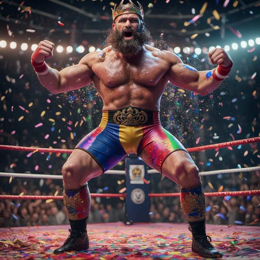 Champion Wrestler Celebrates Victory in Confetti