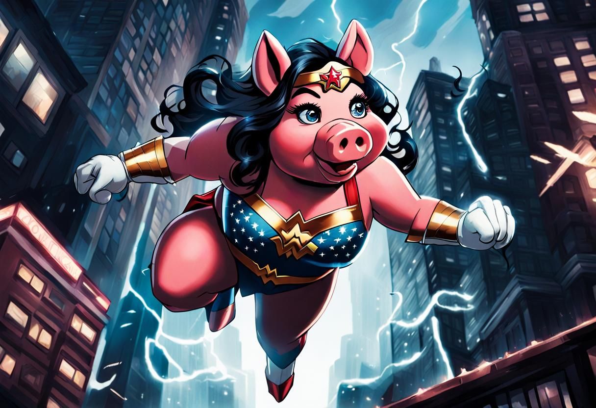 Kaiju Miss Piggy as Wonder Woman Comic Art
