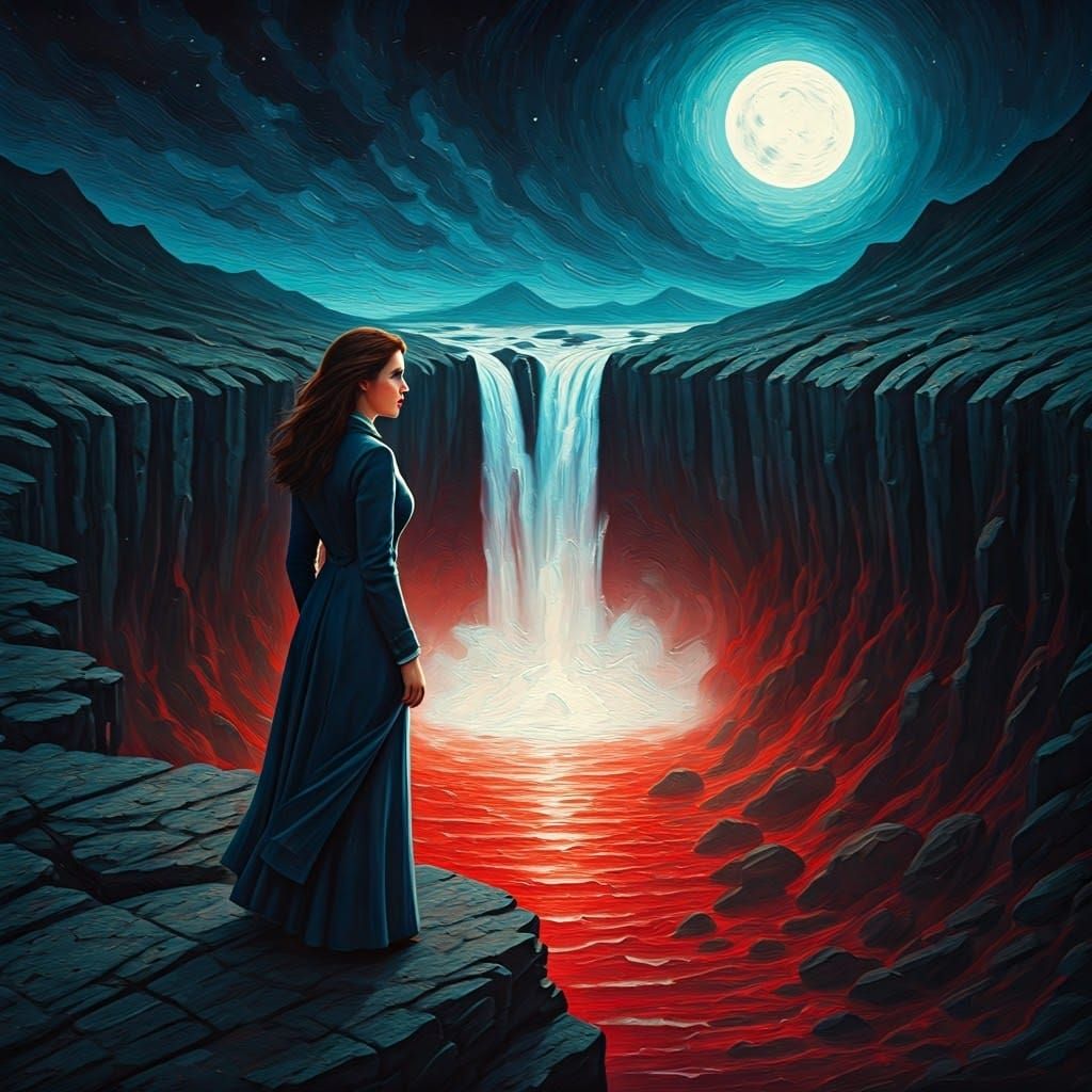 Woman in Shock at Bloody Waterfall in Hyper-Realistic Style