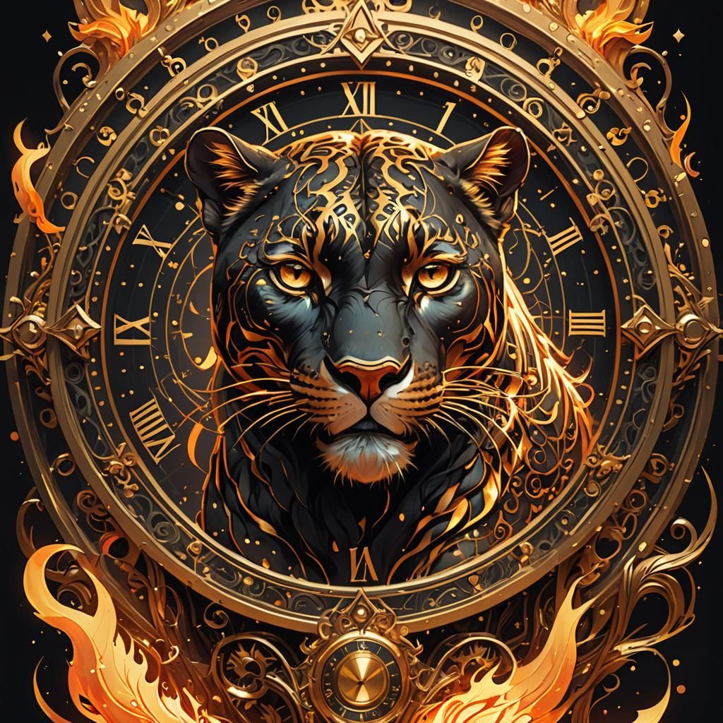 Flaming Panther Clock with Golden Outlines