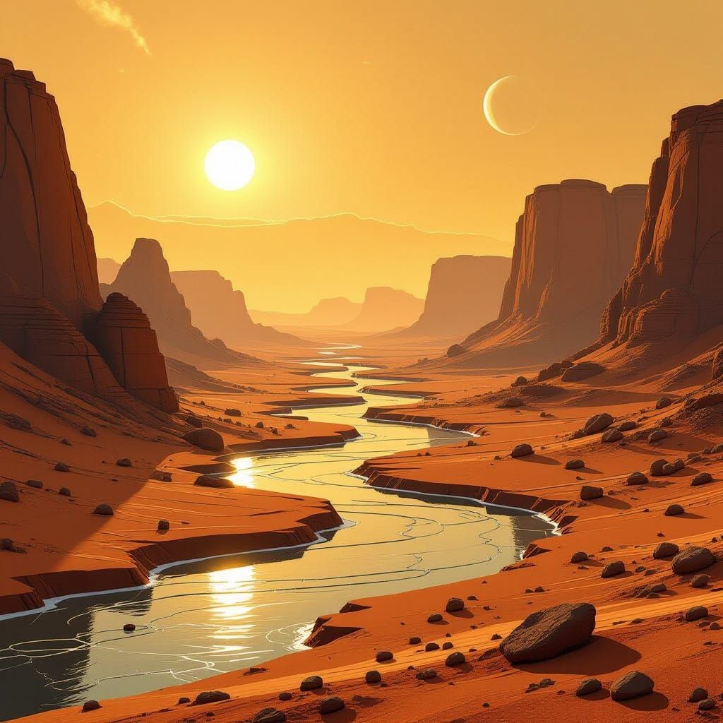 Dystopian Mars Landscape with Flowing Water and Futuristic E...