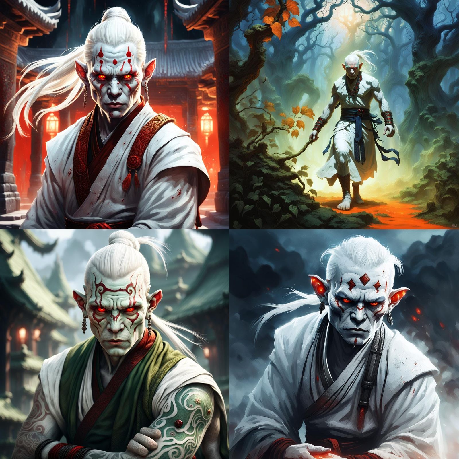 Albino Orc Monk with Red Eyes and White Ponytail in Fantasy...