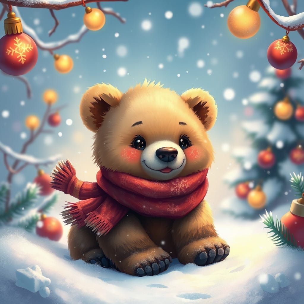 Whimsical Winter Wonderland with Adorable Bear Cub