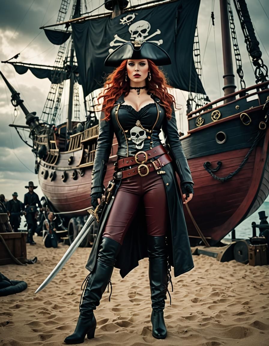 Red-Headed Pirate Captain with Skull Hat and Pistols