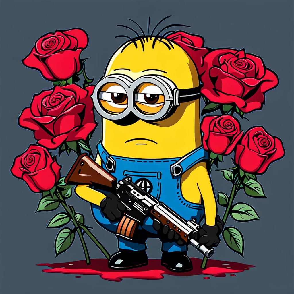 Sad Minion Holding Roses and Guns