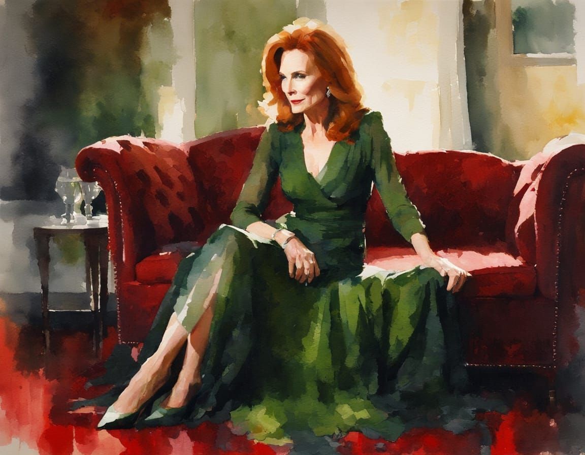 Elegant Woman in Green Gown: Watercolor Impressionism