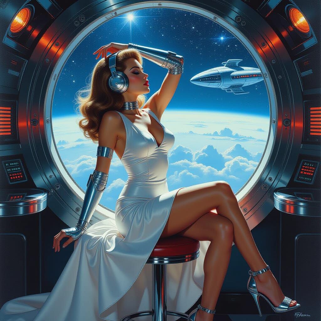 Retro Robot Girl in Sci-Fi Lounge, Space View Oil Painting