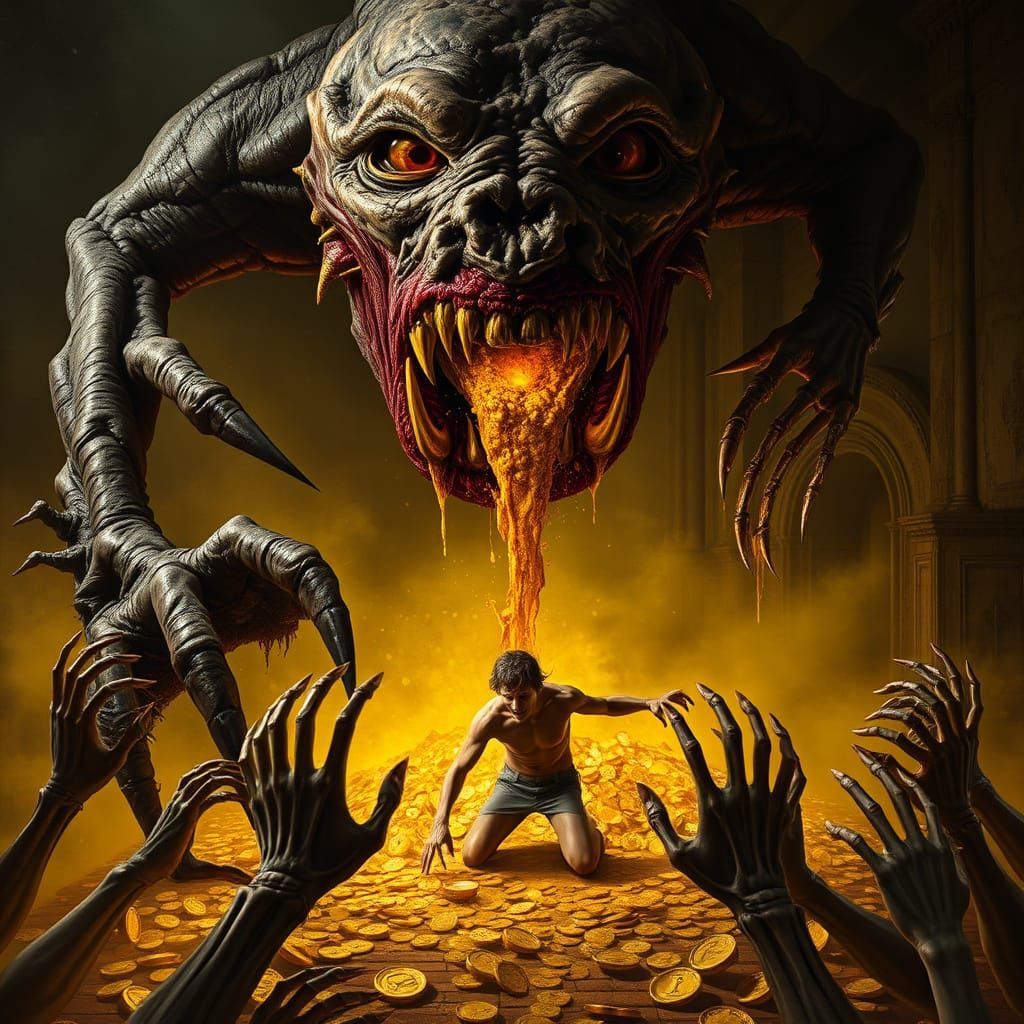 Golden Greed: A Gilded Monstrosity of Wealth and Decay
