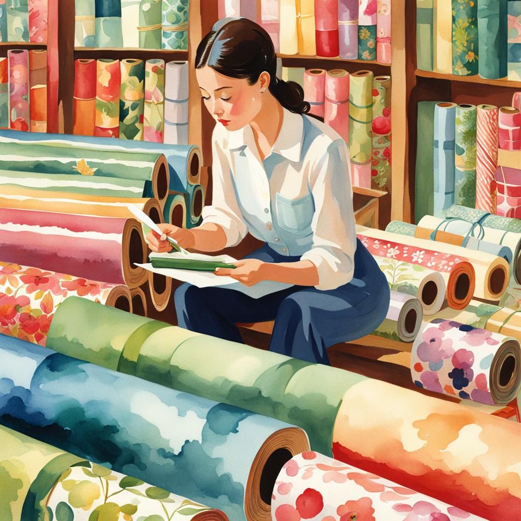 Woman Choosing Wrapping Paper in Watercolor Illustration