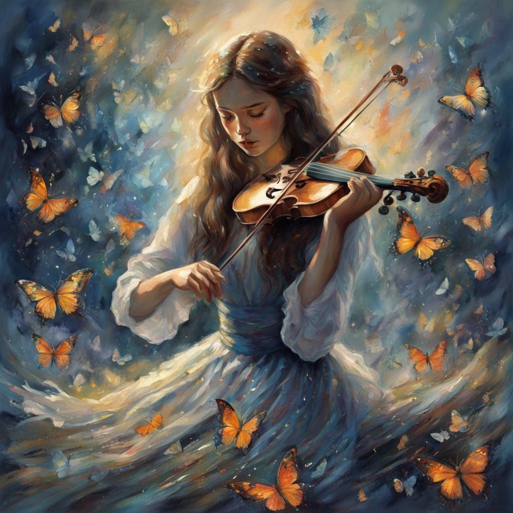 Surreal Woman with Broken Violin and Butterfly Music Notes