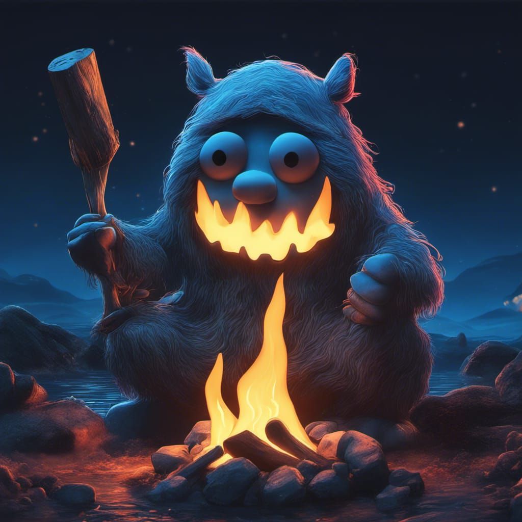 Hyperrealistic Moomin Groke Campfire in Neon Moonlight