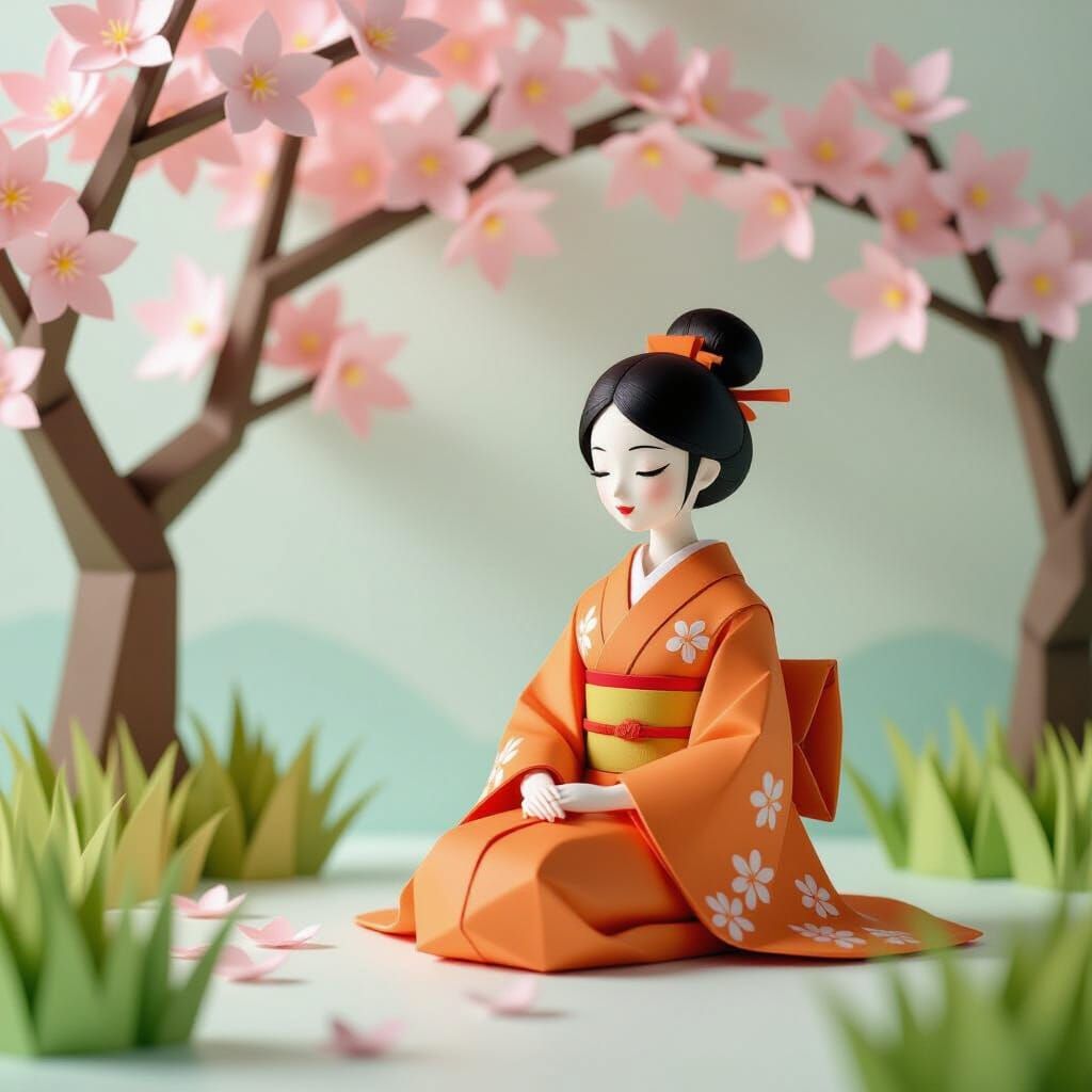 Origami Girl Under Cherry Blossoms in Pastel Tones