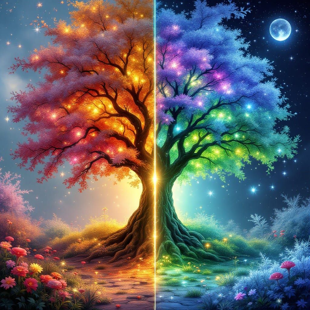 Majestic, Glowing Tree in a 4-Panel Artwork