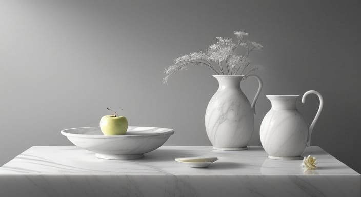 A serene, hyperrealistic still-life sculpture where every object is meticulously carved from polished white Carrara marb...