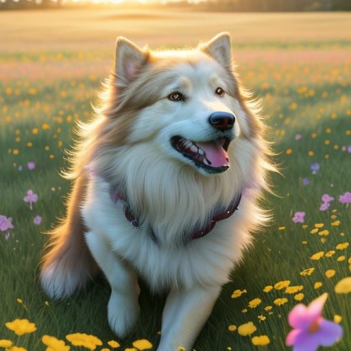 Dog Jumping in Flower Field, Hyper-Realistic Photo