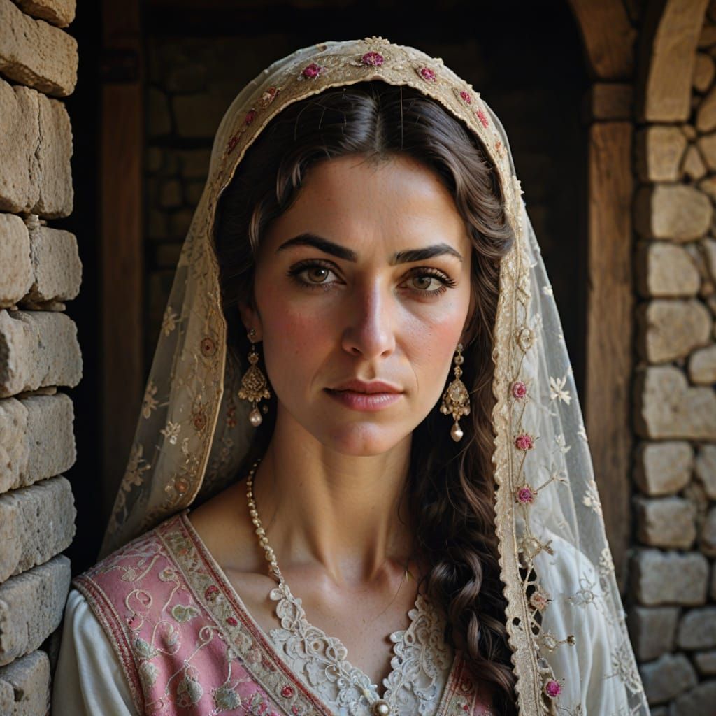 19th Century Ottoman Bride in Rural Stone House Portrait