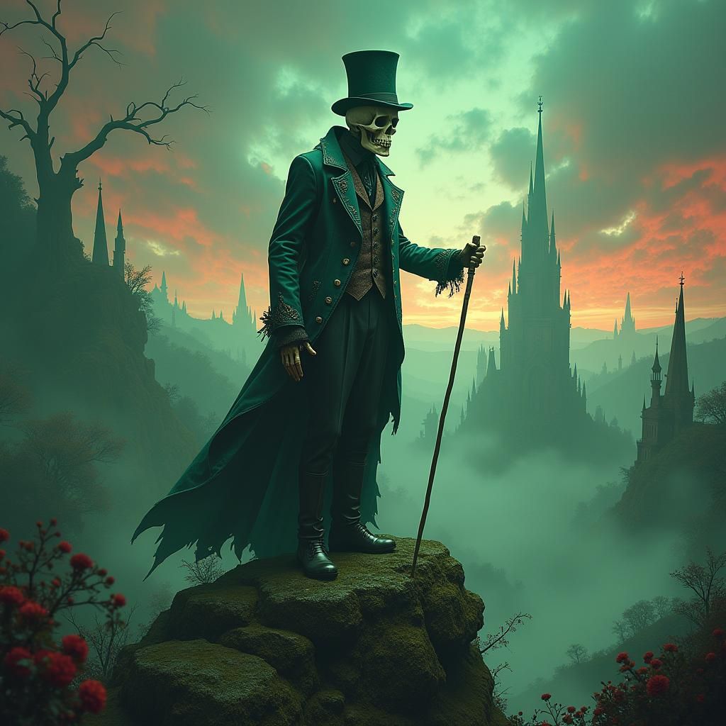 Victorian Skull Figure in Dark Fantasy Landscape