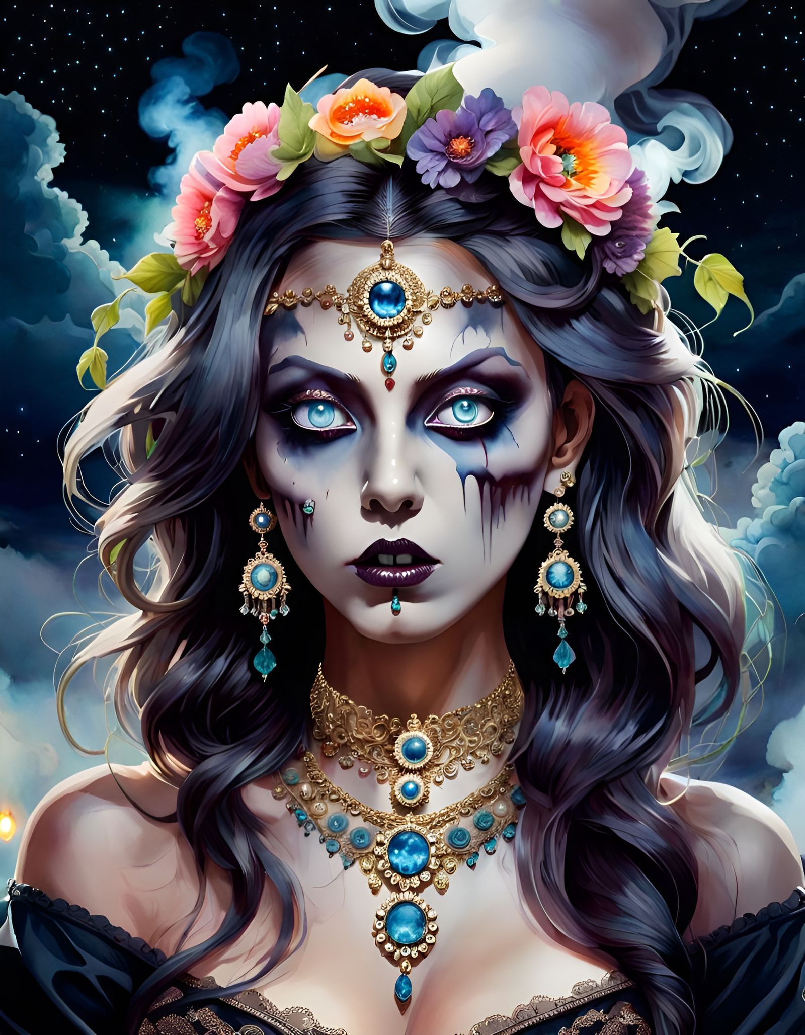 Zombie Woman Portrait in Watercolor Art Nouveau Style