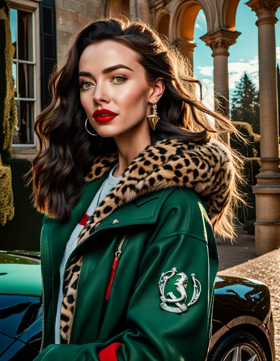 Woman in Slytherin Outfit Next to Ferrari: Hyperrealistic Di...