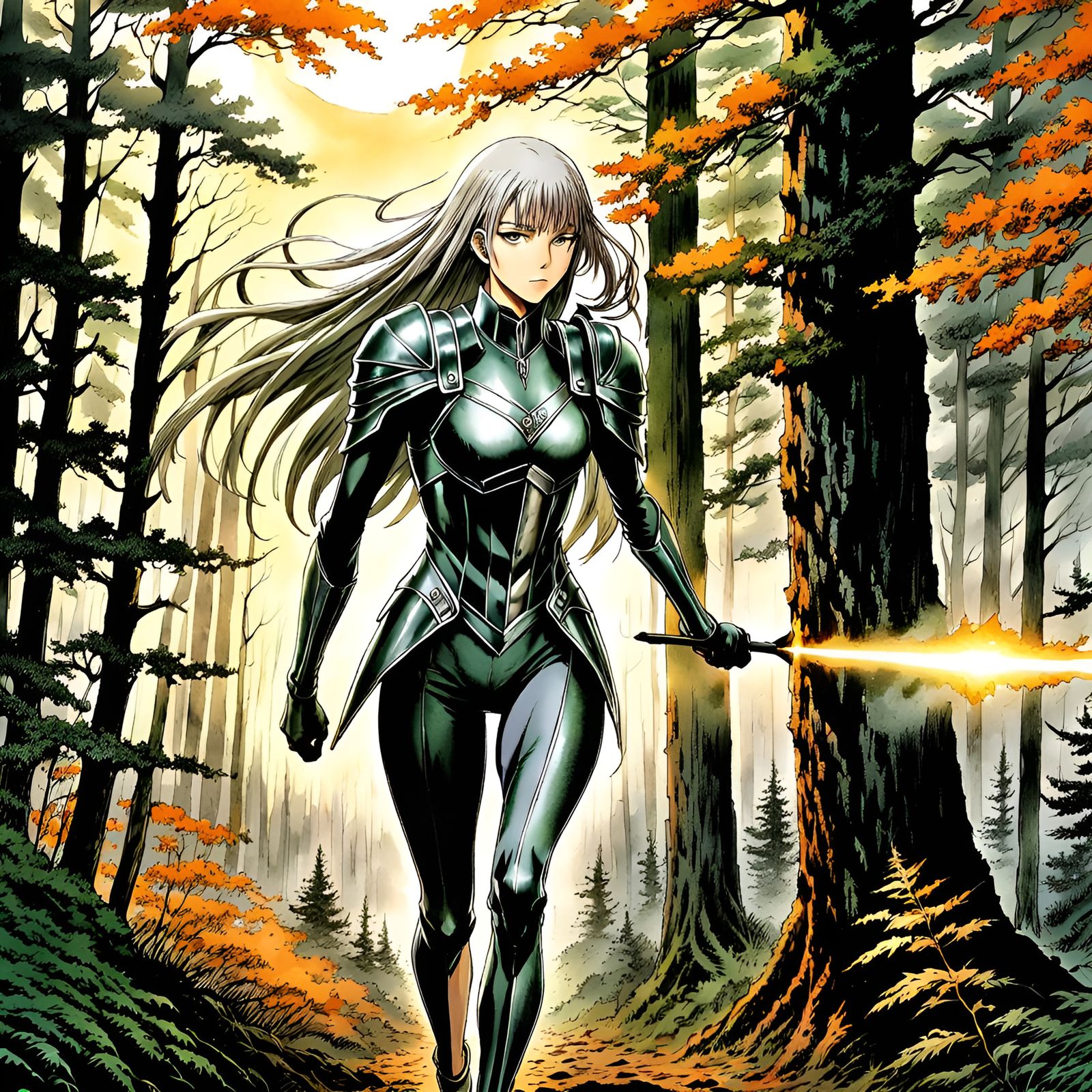 Claymore Warrior Rushes Through Misty Forest