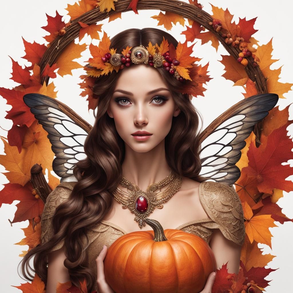 Autumn Fairy in Gouache with Harvest Cornucopia