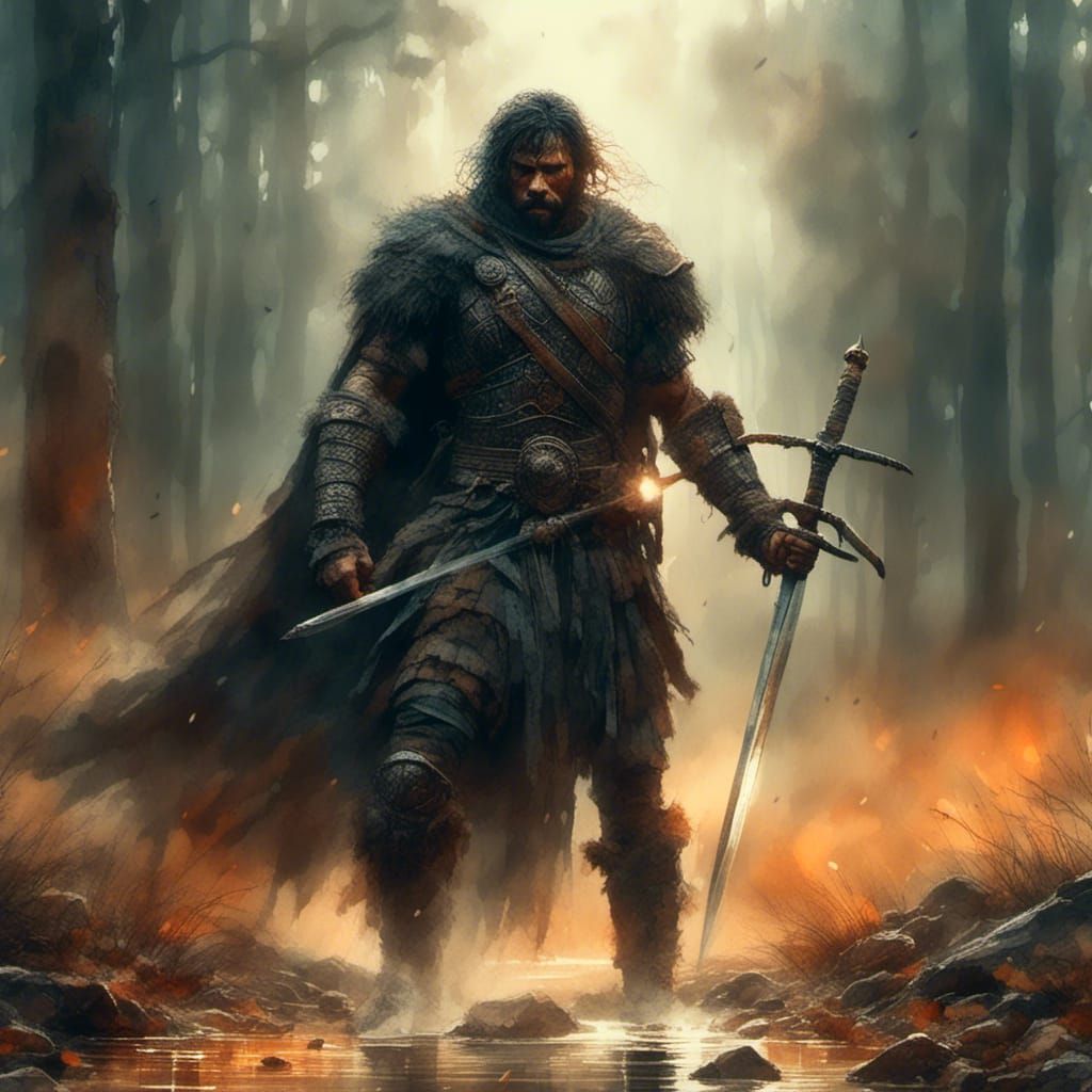 Fierce Warrior in Misty Forest: Digital Art