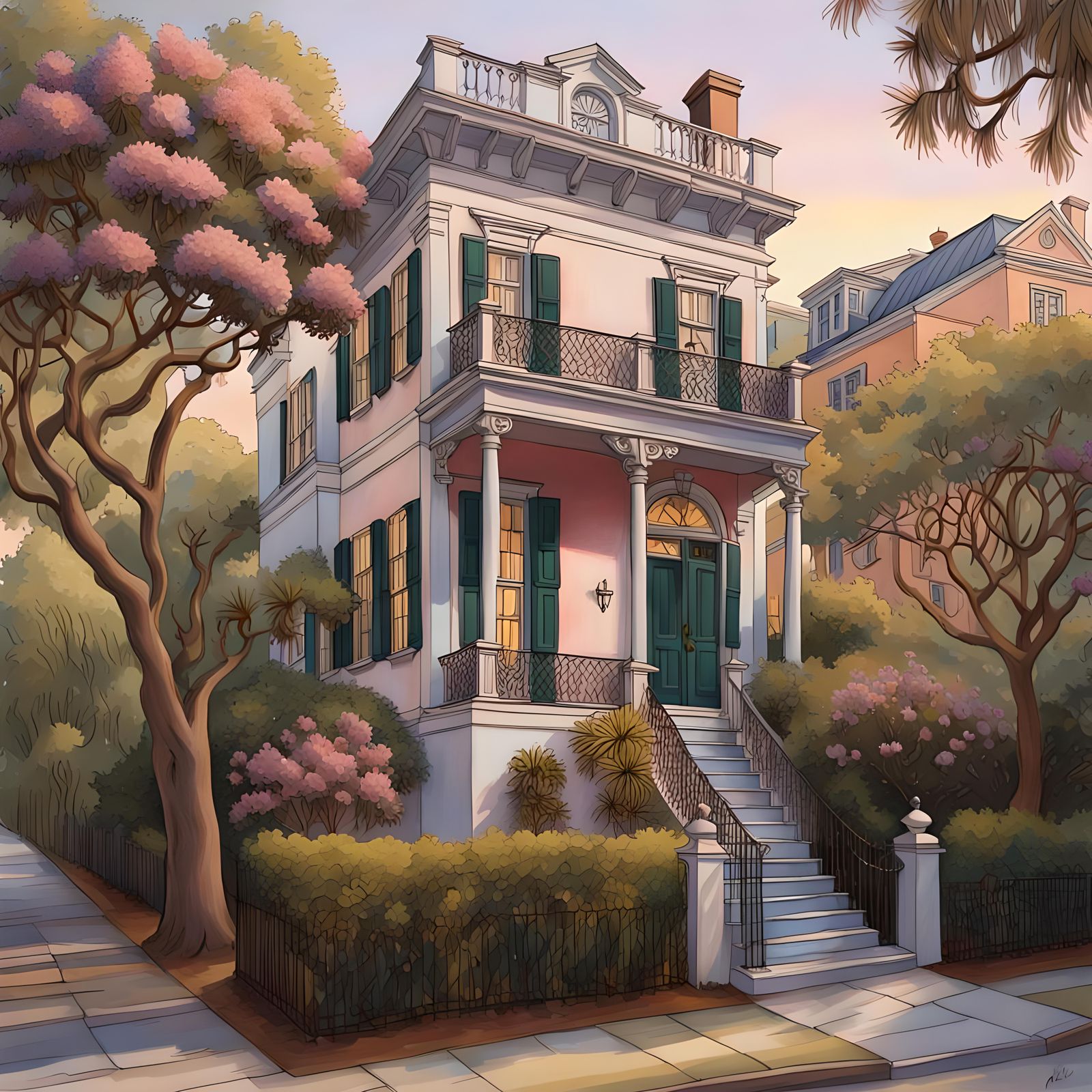 Colorful Charleston Double House Villa in Gouache Style