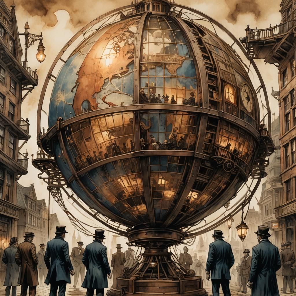 Steampunk Figures Control World in Sepia Watercolor