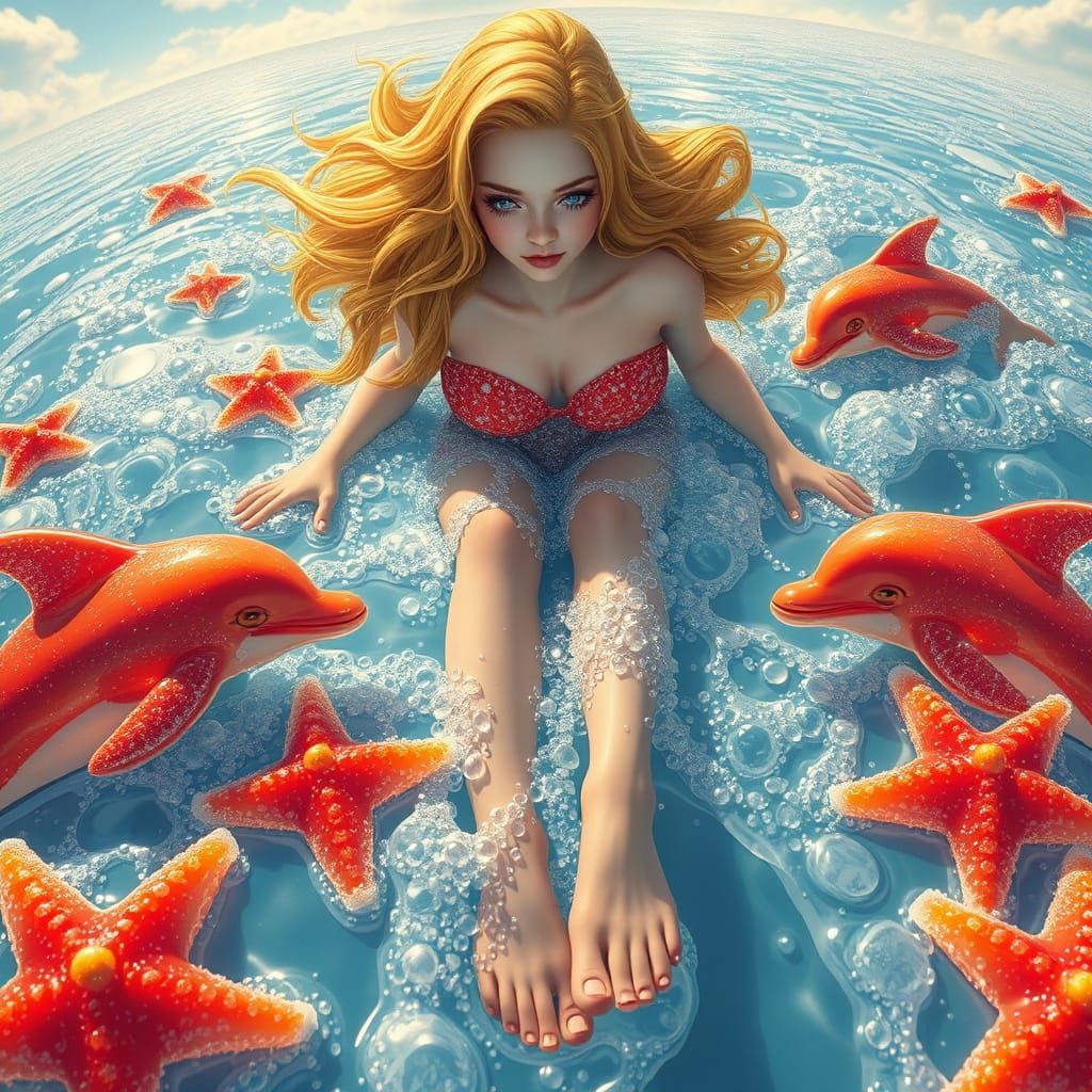 Woman on Soda Sea with Candy Dolphins