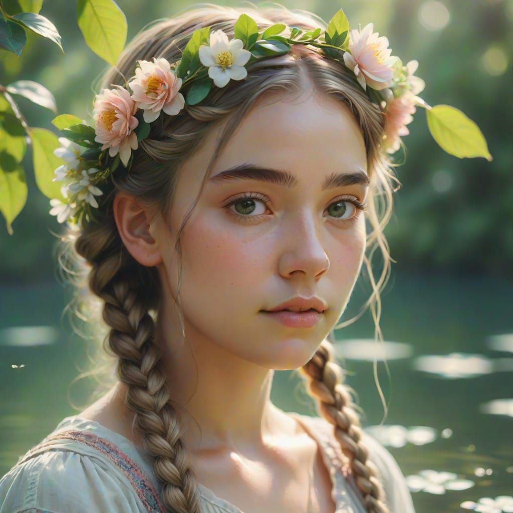 Ethereal Girl with Flower Crown in Impressionistic Style