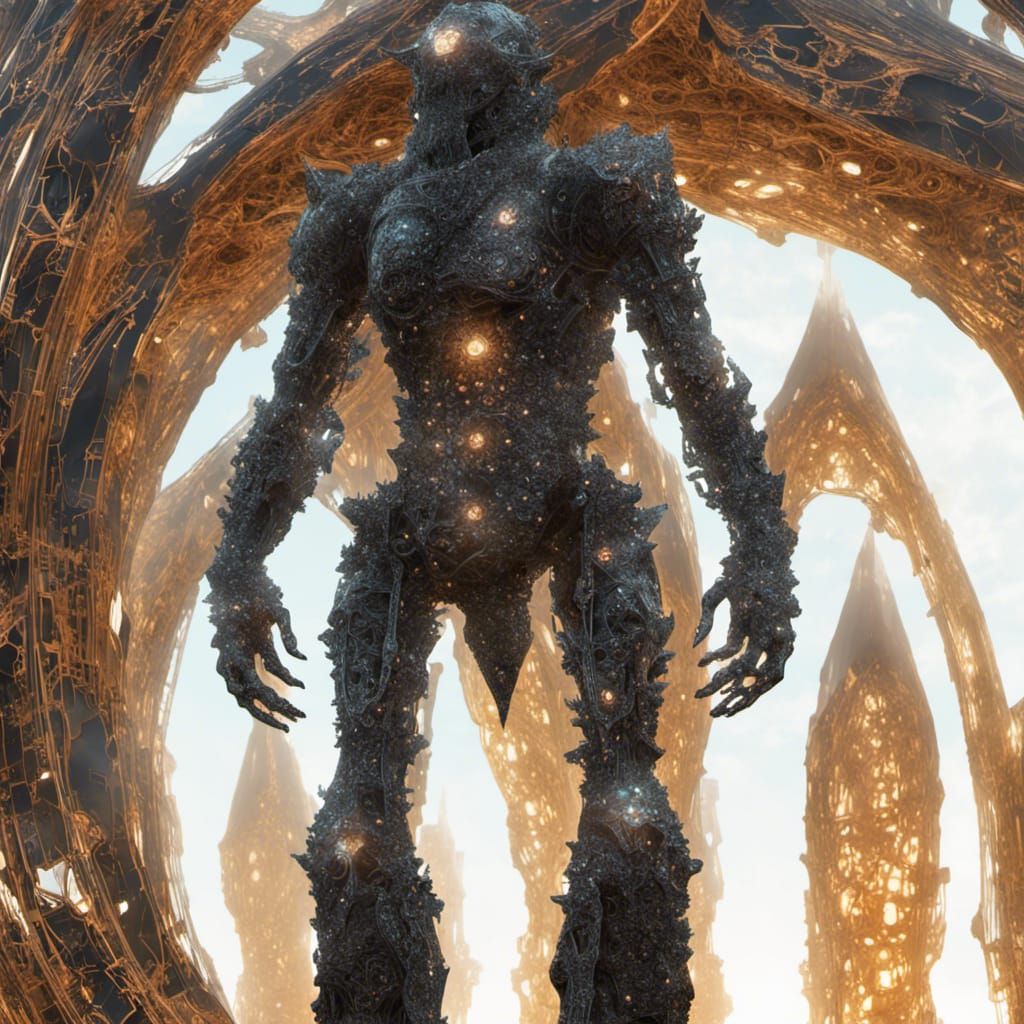 Obsidian Golem in Post-Apocalyptic Landscape