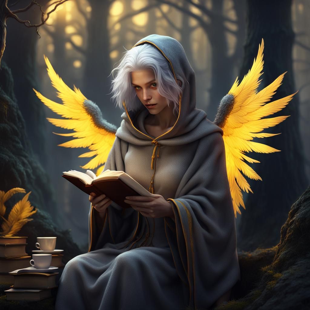 Harpy Girl Reading in Forest, Fantasy Concept Art