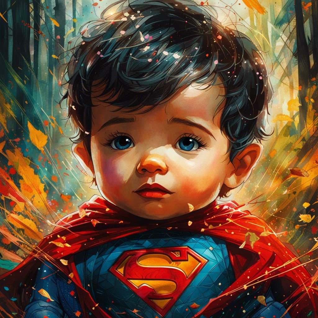 Baby Superman Portrait in Luminous Watercolor Style