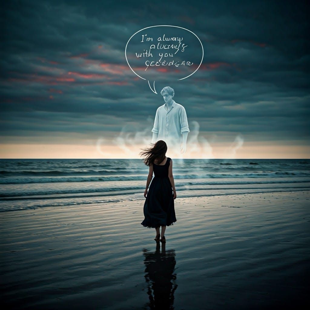 Ethereal Portrait of Woman on Muted Beach, Gazing at Lost Lo...