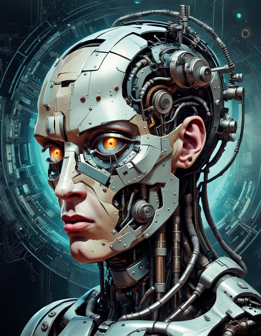 Surreal Cyborg Head in Cyberpunk Biopunk Collage