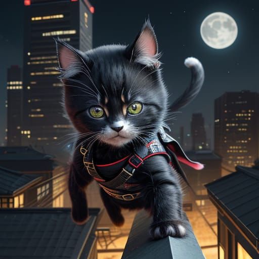 Kawaii Ninja Kitten Leaping Across Moonlit Rooftop