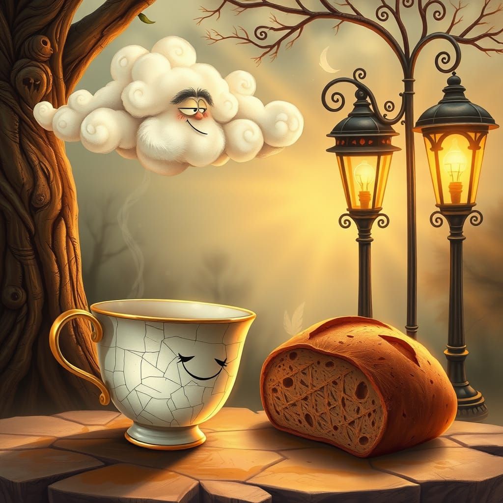 Whimsical Dreamlike Teacup Scene with Hidden Faces