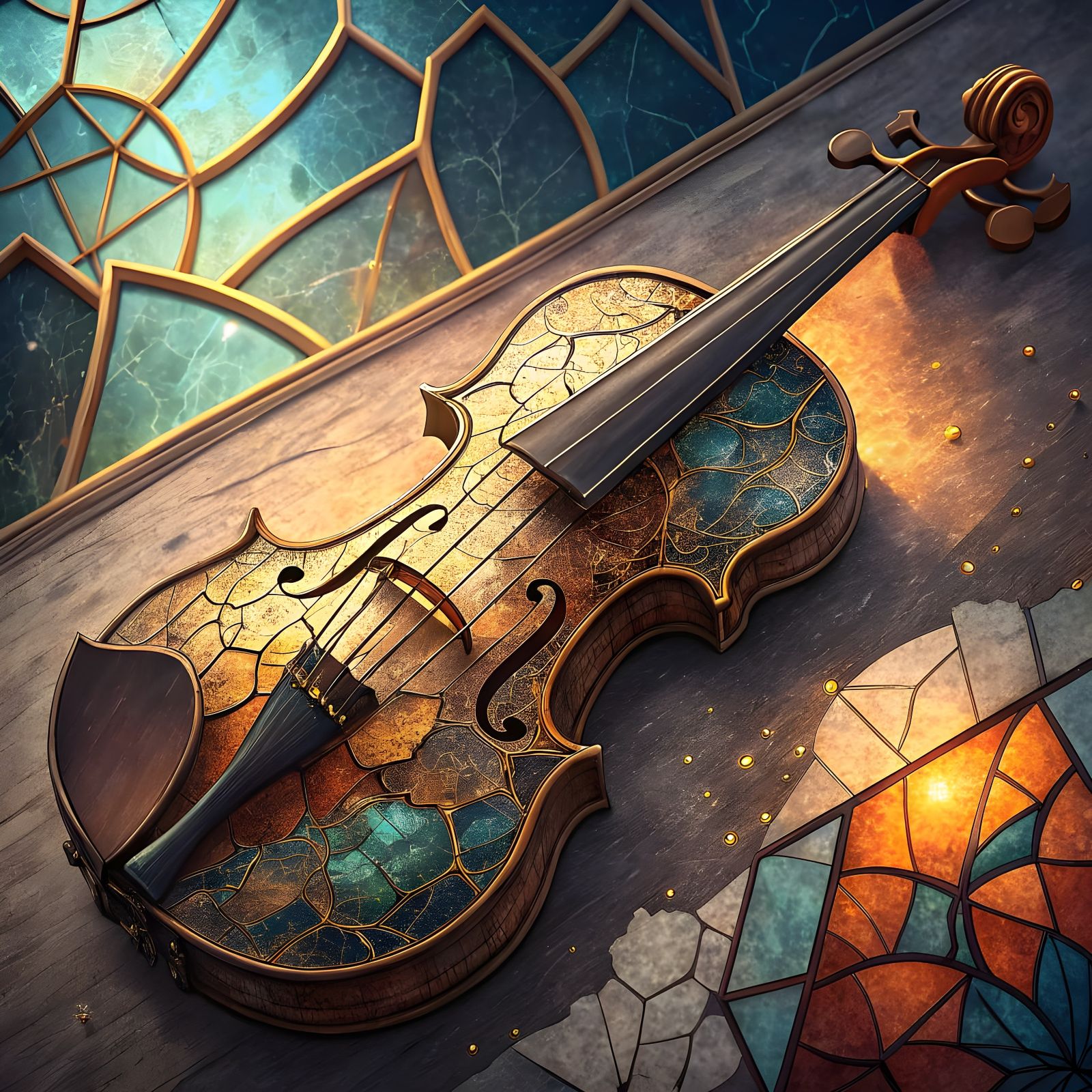 Ancient Lacquerware Violin in Vibrant Geometric Mosaic