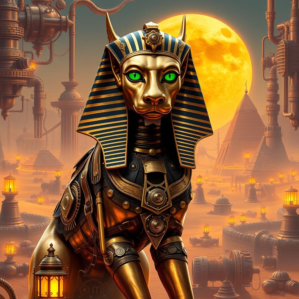 Steampunk Sphinx in Gear Desert, Hyperrealistic Art