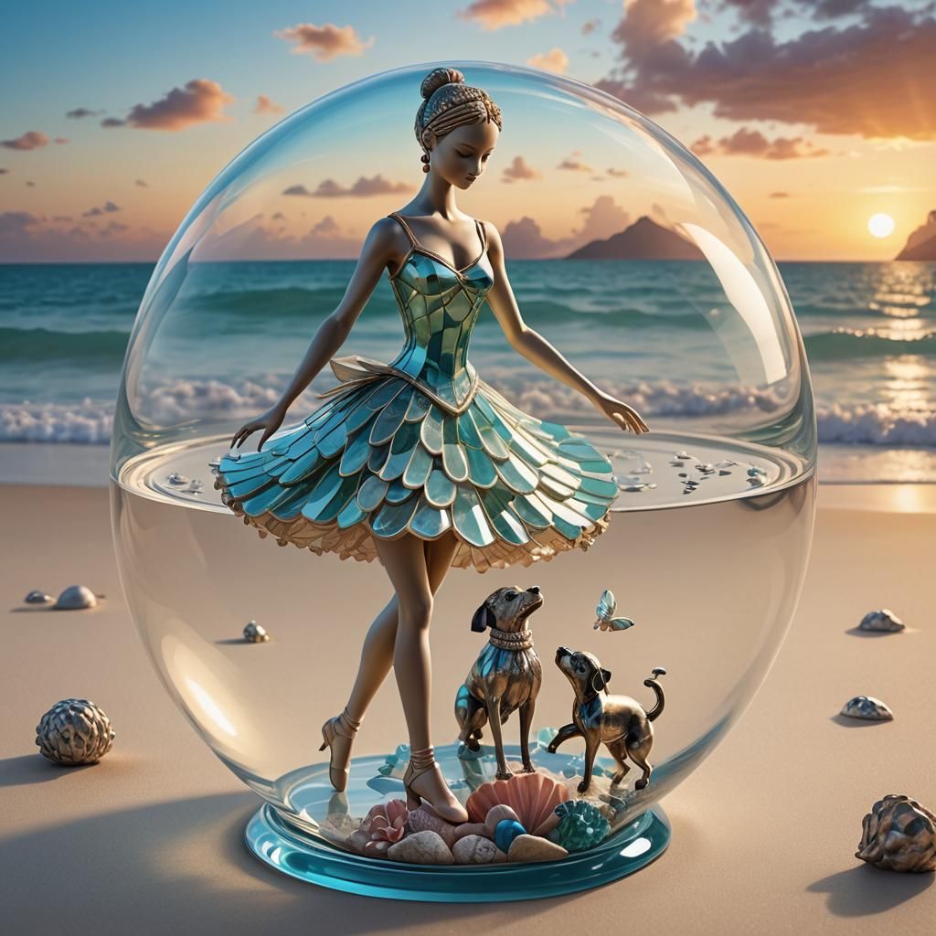 Ballerina in Glass Globe on Tropical Beach