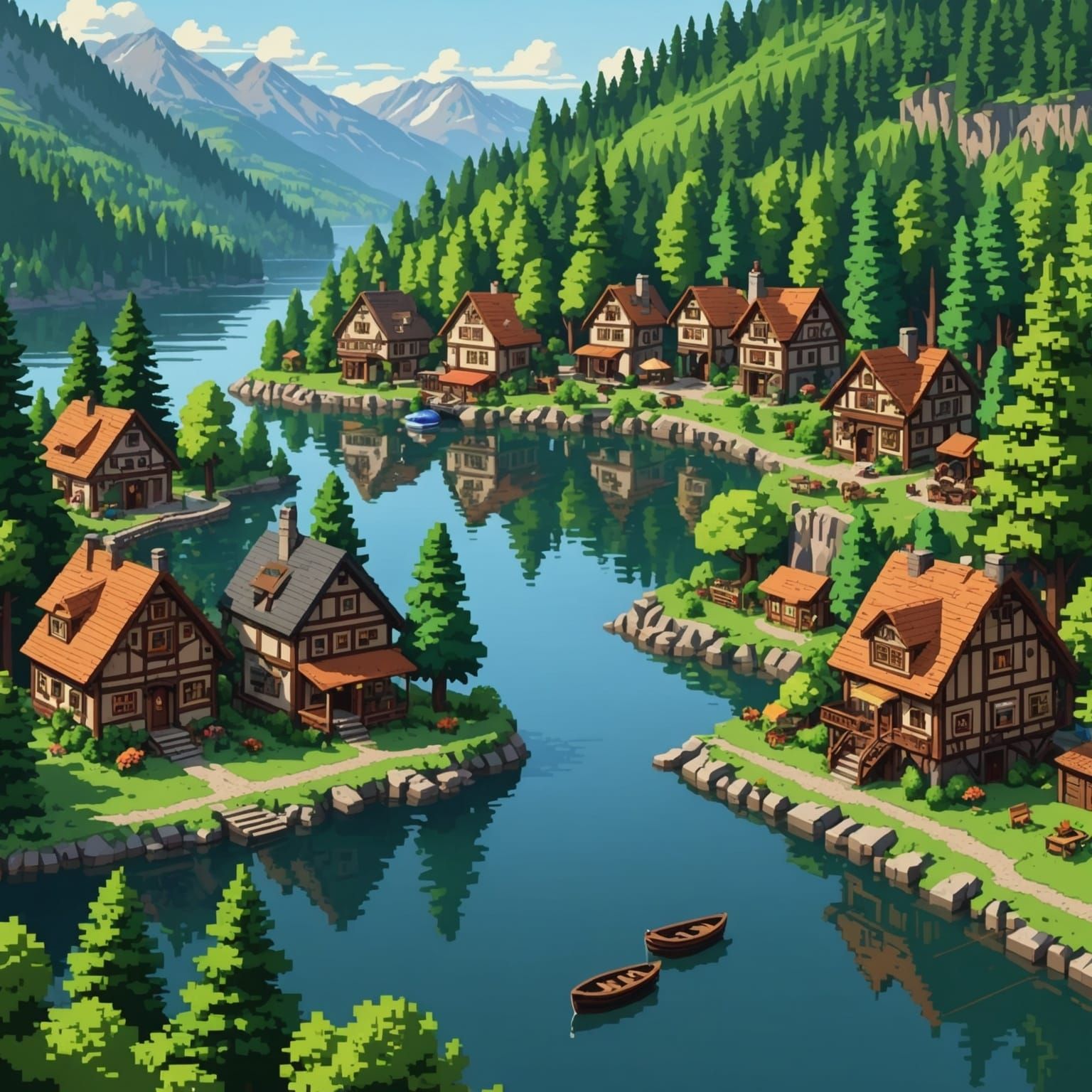 8-Bit Pixel Art Town on Crystal Lake