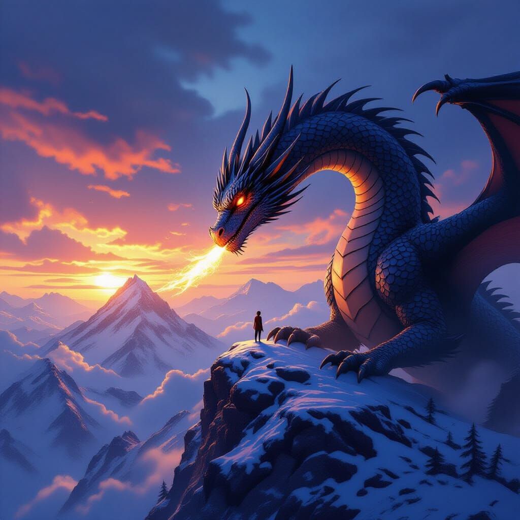 Colossal Dragon Befriends Human on Mountain Peak