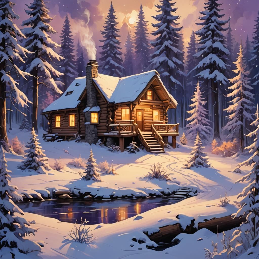 Cozy Winter Cabin in a Mystical Forest