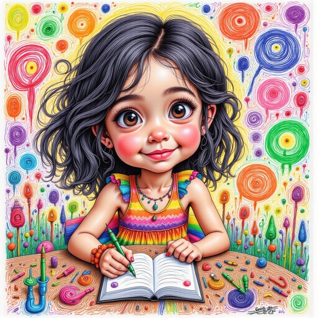 Girl's Crayon Self-Portrait in Neo-Expressionist Wonderland