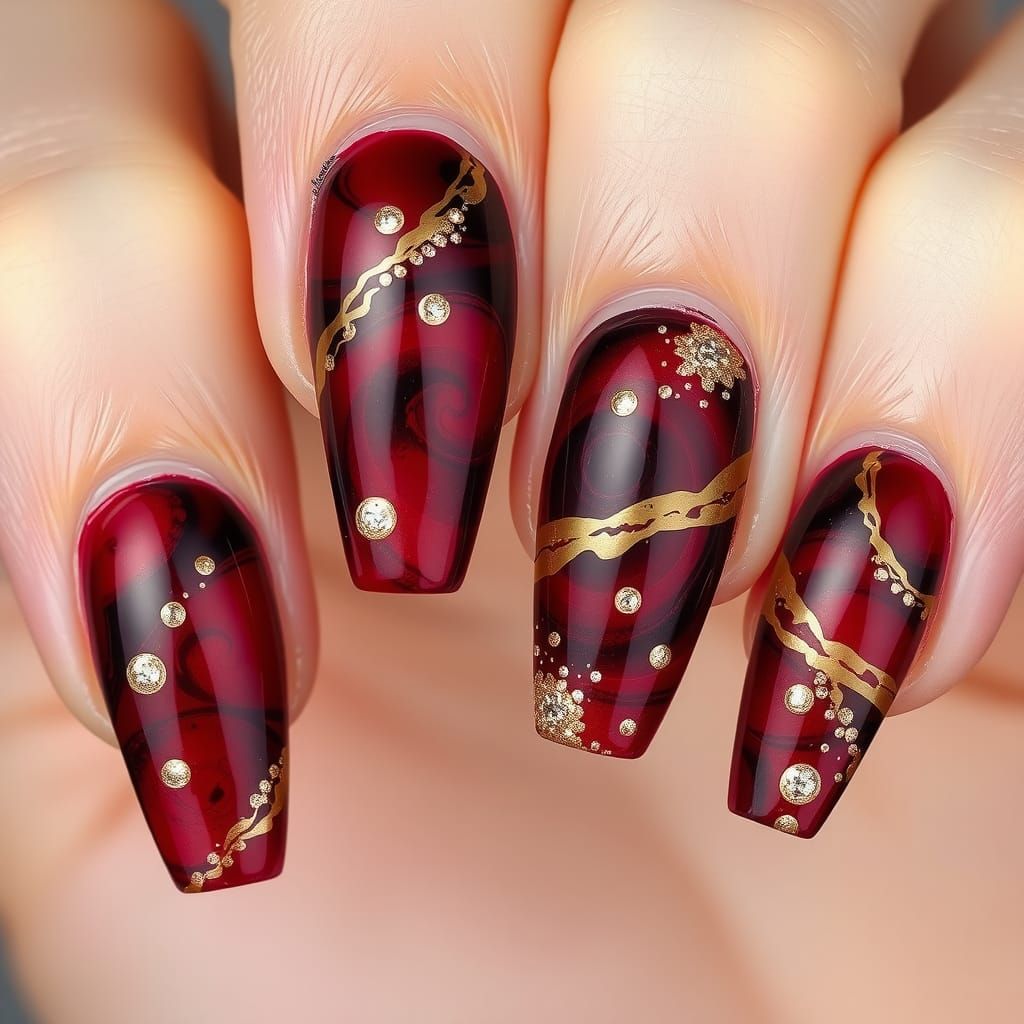 Burgundy Coffee Stain Nail Art with Gold Accents