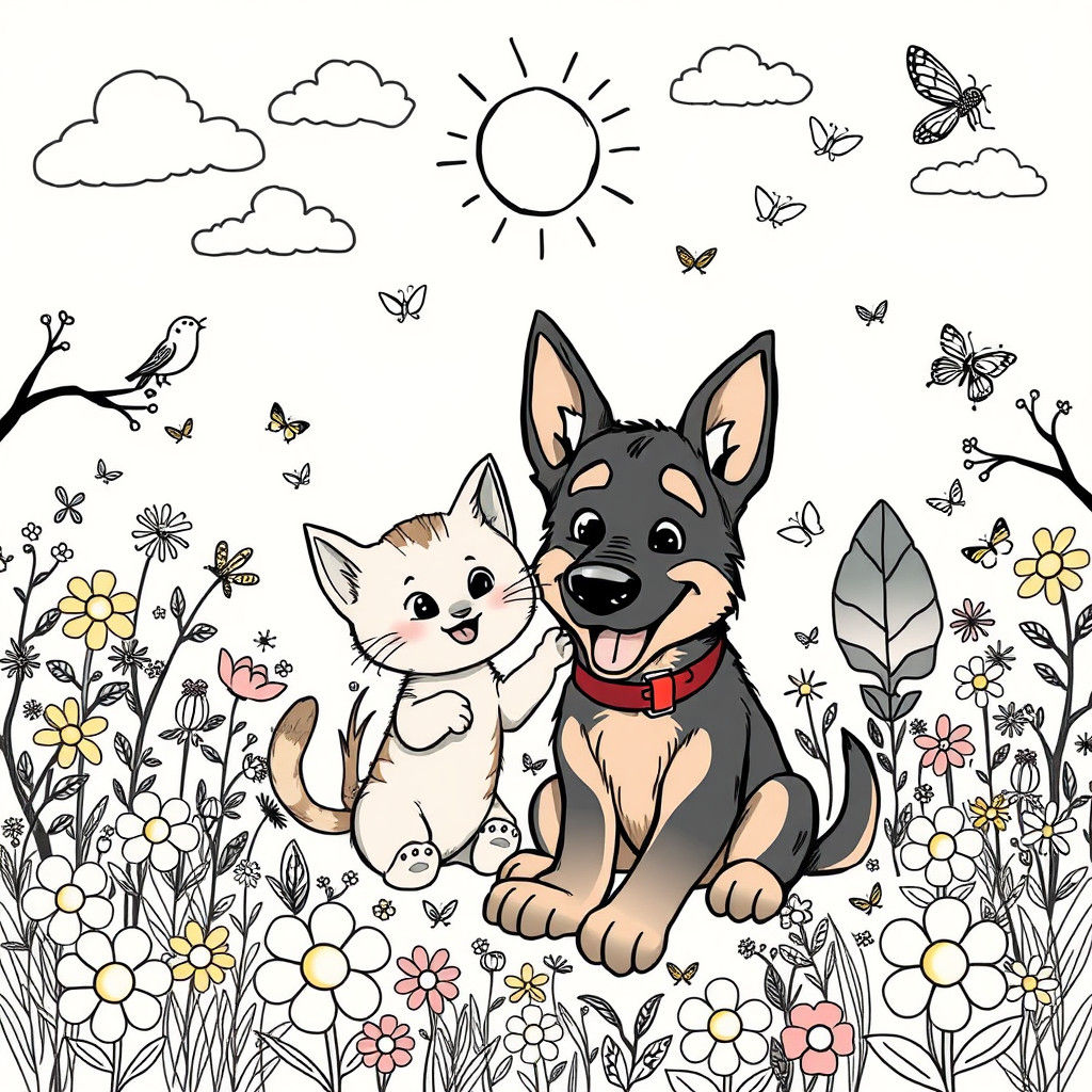 Cartoon Kitten and Dog in Doodle Garden