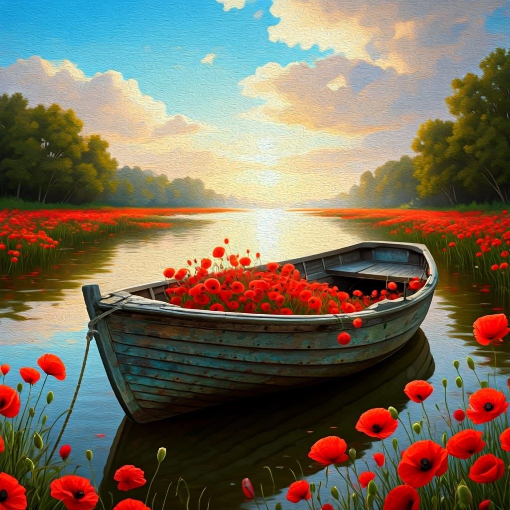 Poppy-Filled Rowboat on Calm Water in Gurney Style