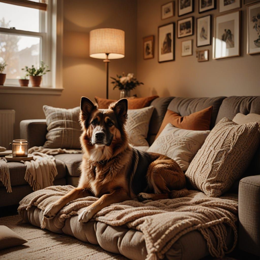 Cozy Dog-Friendly Home Oasis with Plush Furniture and Warm L...