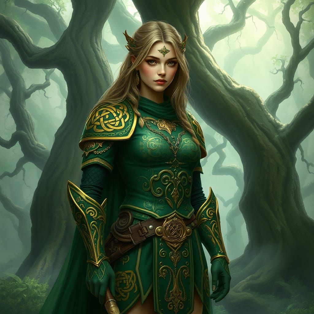 Mystical Celtic Warrior Maiden in Ethereal Forest